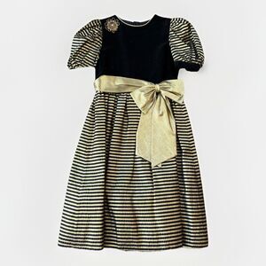Vintage Sylvia Whyte Girls Holiday Black Gold Velvet Dress Size 12 Bow Striped